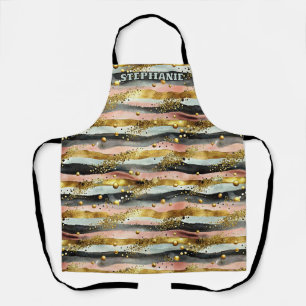 Wavy Pink & Black Stripes with Gold Glitter Apron