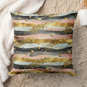 Wavy Pink & Black Stripes with Gold Glitter Cushion