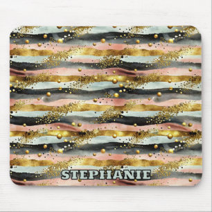 Wavy Pink & Black Stripes with Gold Glitter Mouse Mat