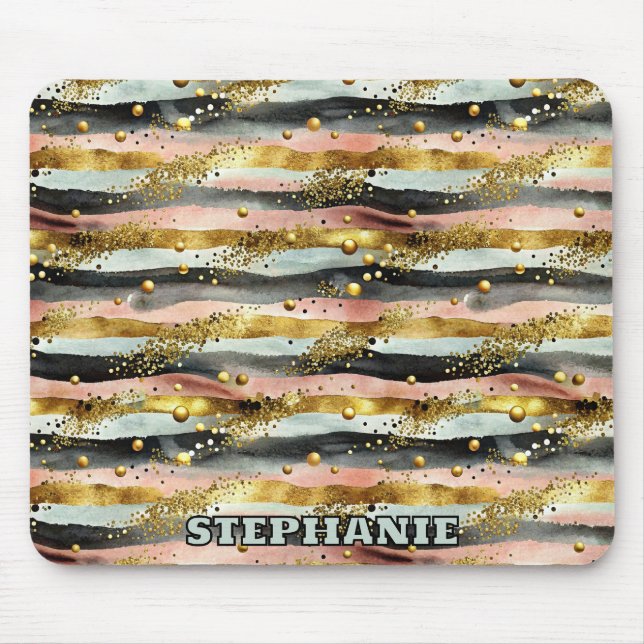 Wavy Pink & Black Stripes with Gold Glitter Mouse Mat (Front)