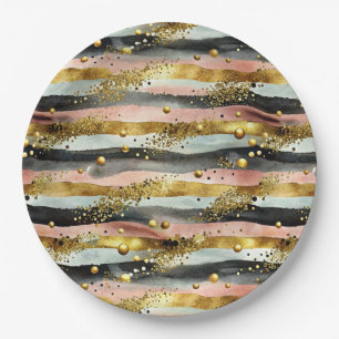 Wavy Pink & Black Stripes with Gold Glitter Paper Plate
