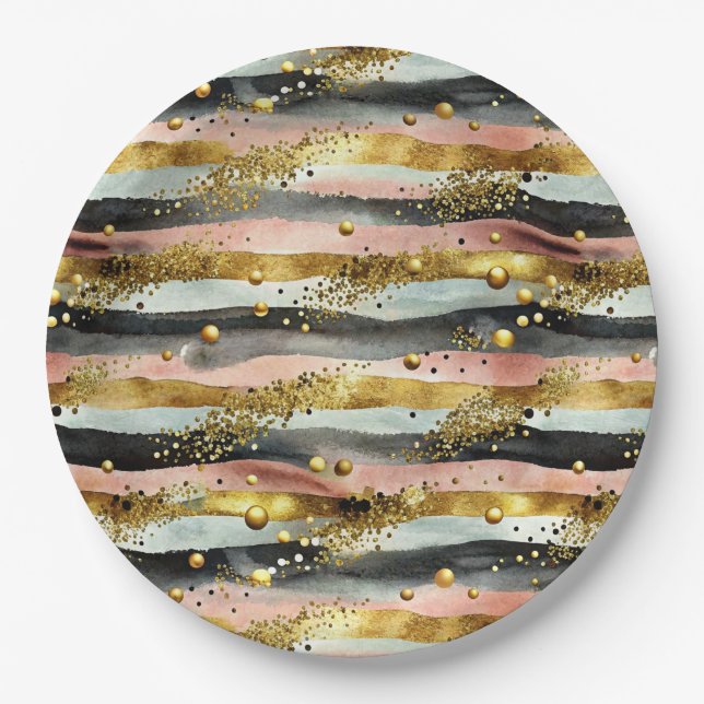 Wavy Pink & Black Stripes with Gold Glitter Paper Plate (Front)