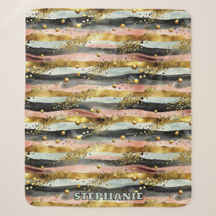 Wavy Pink & Black Stripes with Gold Glitter Sherpa Blanket