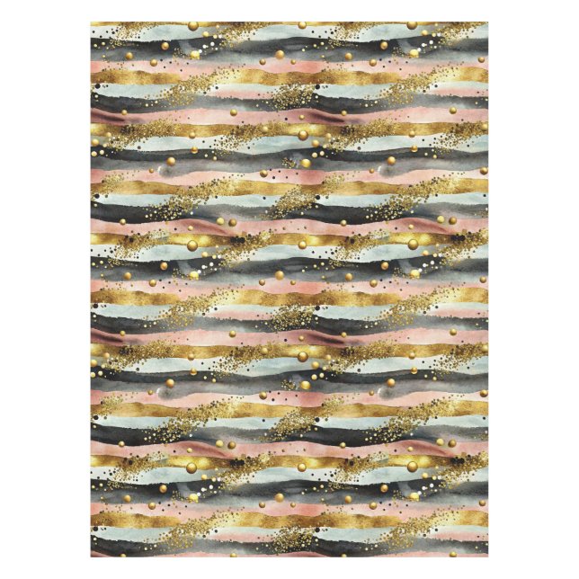 Wavy Pink & Black Stripes with Gold Glitter Tablecloth (Front)