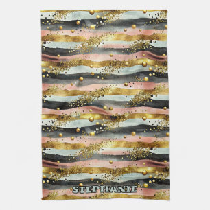 Wavy Pink & Black Stripes with Gold Glitter Tea Towel