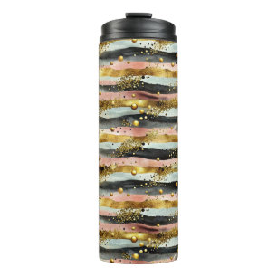 Wavy Pink & Black Stripes with Gold Glitter Thermal Tumbler