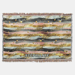 Wavy Pink & Black Stripes with Gold Glitter Throw Blanket
