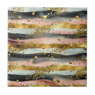 Wavy Pink & Black Stripes with Gold Glitter Tile