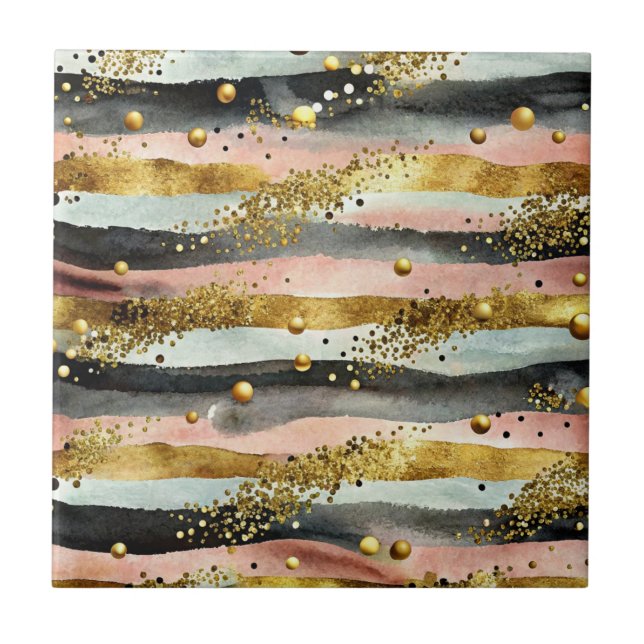 Wavy Pink & Black Stripes with Gold Glitter Tile (Front)