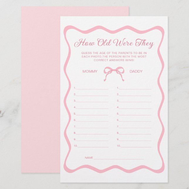 Wavy Pink Bow Baby Shower Guess The Age Game (Front/Back)