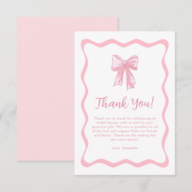 Wavy Pink Bow Tying the Knot Bridal Shower Thank You Card (Front/Back)