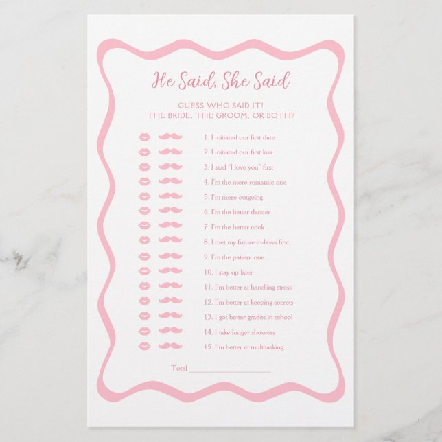 Wavy Pink Bridal Shower Game He Said She Said  (Front)