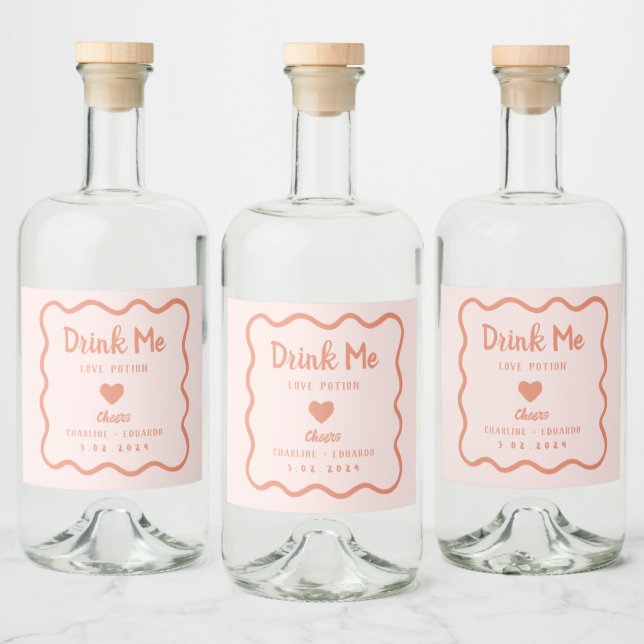 Wavy Pink Pastel Drink me Lovepotion Wedding  Liquor Bottle Label (Bottles)