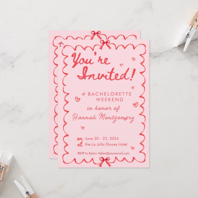  Wavy Pink Red Bachelorette Timeline Invitation (Front/Back In Situ)