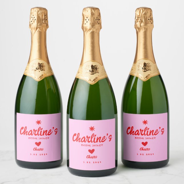 Wavy Pink Red Handwriting Retro Bridal Shower Sparkling Wine Label (Bottles)