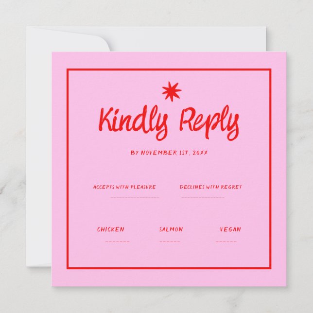 Wavy Pink Red Handwriting Retro Wedding Rsvp  Invitation (Front)