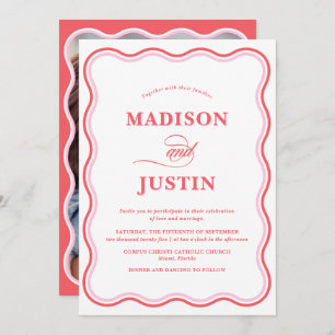 Wavy Pink Red Wedding Photo Invitation