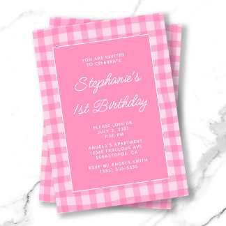 Wavy Pink Summer Gingham Bold 1st Birthday Invitation