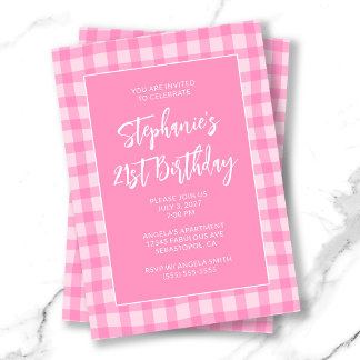 Wavy Pink Summer Gingham Bold 21st Birthday Invitation