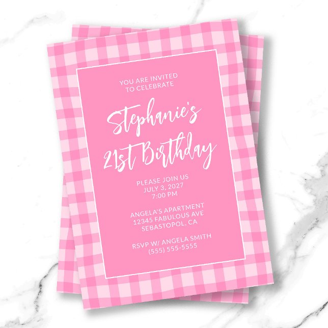 Wavy Pink Summer Gingham Bold 21st Birthday Invitation (Wavy Pink Summer Gingham Bold 21st Birthday Invitation)