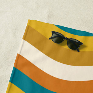 Wavy Pop Stripes Retro Pattern Teal Ochre Mustard Beach Towel
