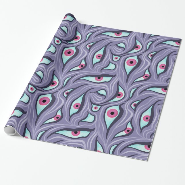 Wavy Psychedelic Horror - Purple Evil Eye Pattern Wrapping Paper (Unrolled)
