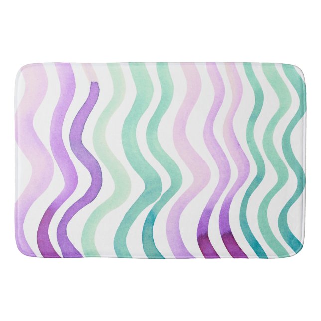 Wavy purple and green watercolor lines bath mat (Front)