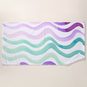 Wavy purple and green watercolor lines beach towel