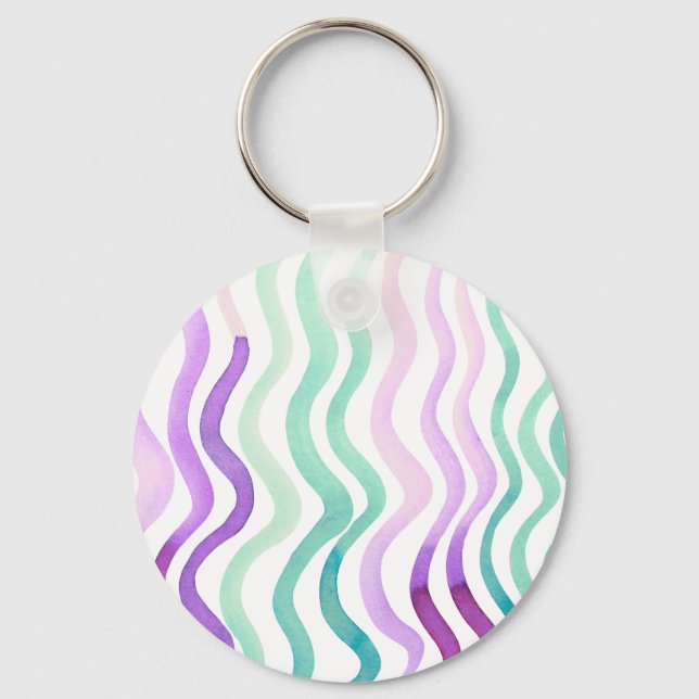 Wavy purple and green watercolor lines key ring (Front)