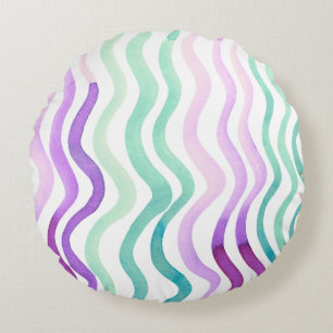 Wavy purple and green watercolor lines round cushion