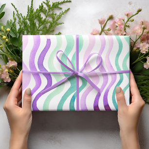 Wavy purple and green watercolor lines wrapping paper sheet