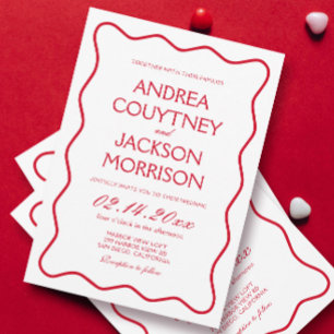Wavy Red and White Eclectic Wedding Invitation