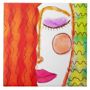 Wavy Red Hair Abstract Digital Painting Tile