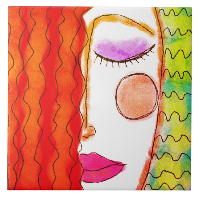 Wavy Red Hair Abstract Digital Painting  Tile (Front)