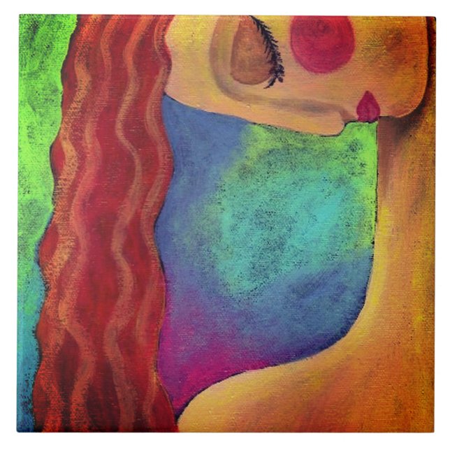 Wavy Red Hair Abstract Portrait of a Woman Tile (Front)