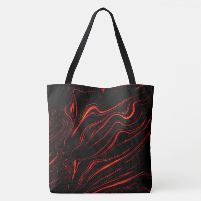 Wavy red long traces over black background tote bag (Back)