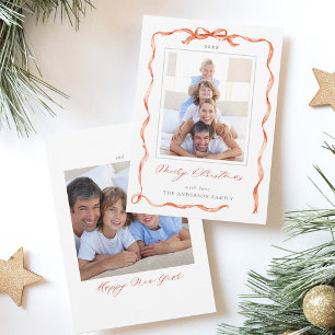 Wavy Red Ribbon Bow Frame 2 photo Christmas  Holiday Card