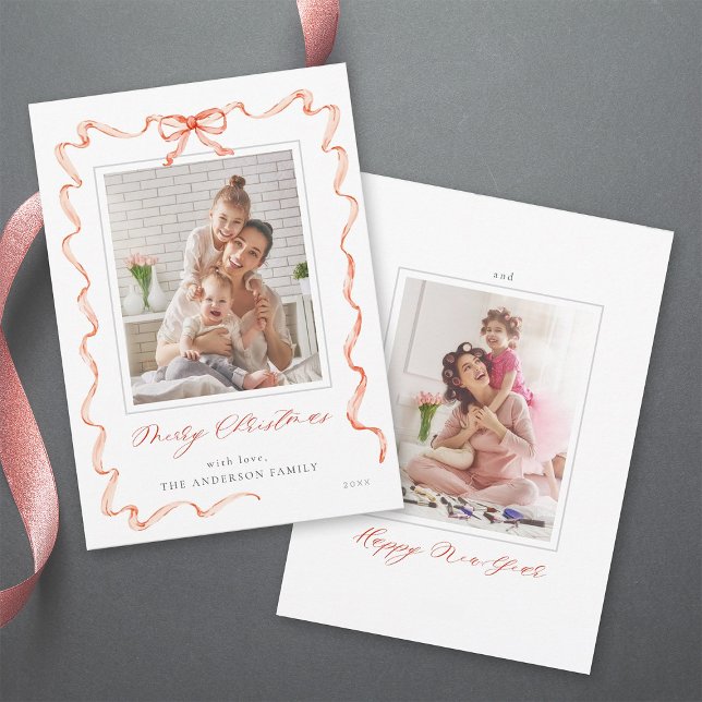Wavy Red Ribbon Bow Frame 2 photo Christmas  Holiday Card (Front & Back)