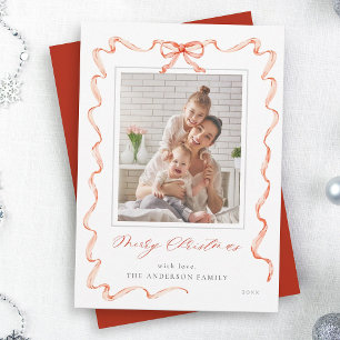 Wavy Red Ribbon Bow Frame photo Christmas Holiday Card