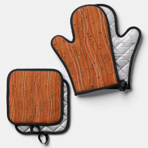 Wavy Red Stripes: Modern Japanese Abstract Art Oven Mitt & Pot Holder Set
