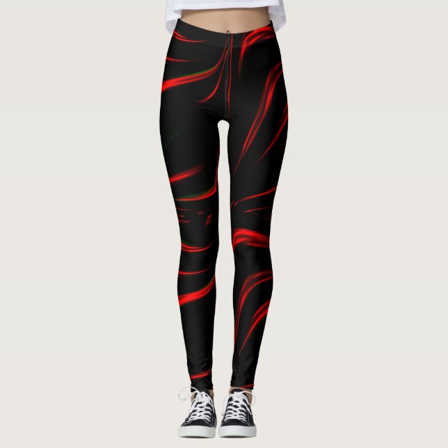 Wavy red strokes on black background  leggings (Front)