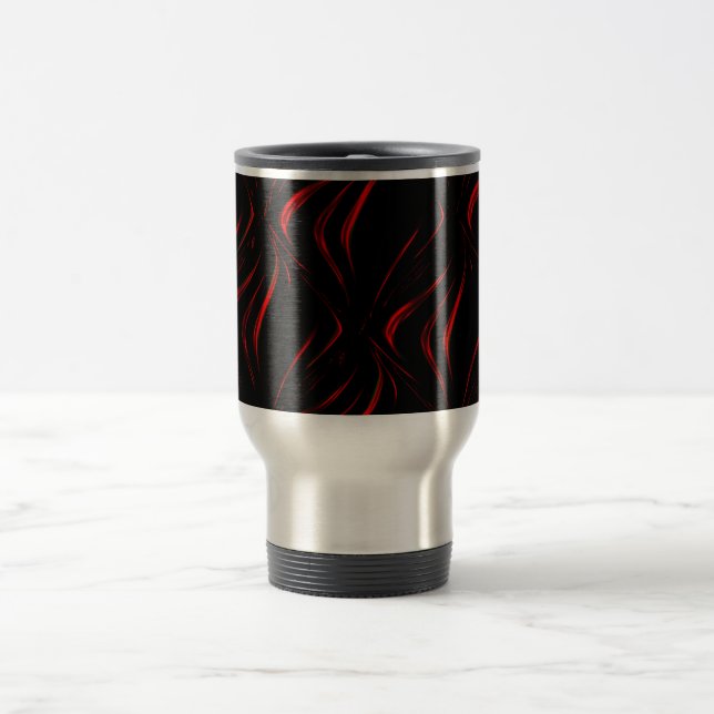 Wavy red strokes on black background  travel mug (Center)