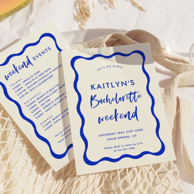 Wavy Retro Blue Bachelorette Weekend Itinerary Invitation (Creator Uploaded)