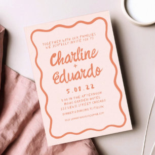 Wavy Retro Pink and Red Handwriting Wedding  Invitation