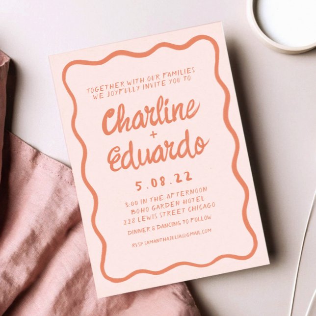 Wavy Retro Pink and Red Handwriting Wedding  Invitation (Creator Uploaded)