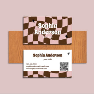 Wavy Retro Pink & Brown Chequered with QR Code Business Card