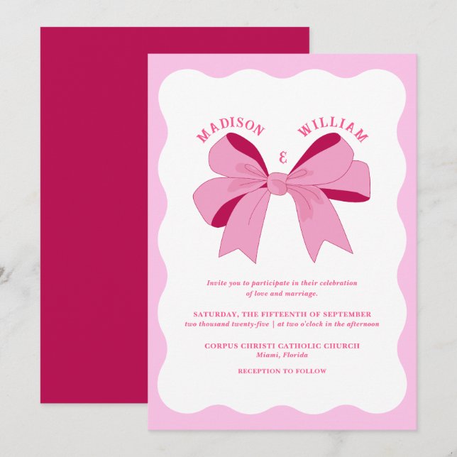 Wavy Retro Pink Wedding Invitation (Front/Back)