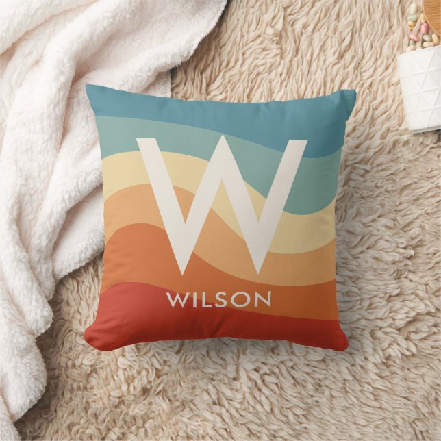 Wavy Retro Stripe Monogram  Cushion (Blanket)