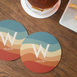 Wavy Retro Striped Monogram Personal Party Round Paper Coaster<br><div class="desc">Trendy personal party paper coasters featuring wavy stripes in retro colours. Large centred monogram and associated name. Clean,  simple minimalist typography. Fully personalizable.</div>