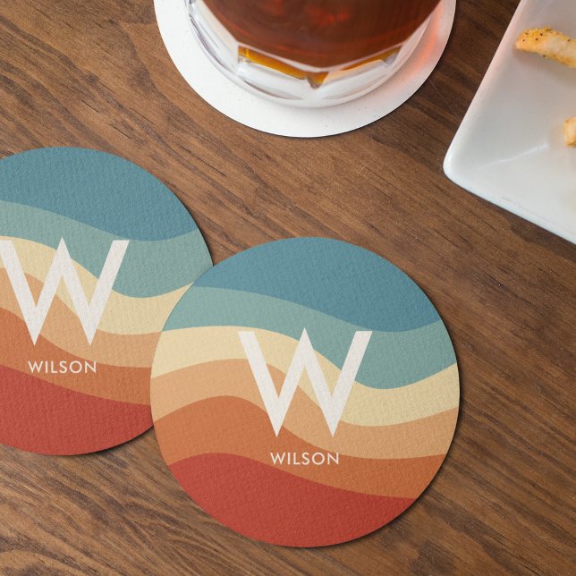Wavy Retro Striped Monogram Personal Party Round Paper Coaster (Creator Uploaded)